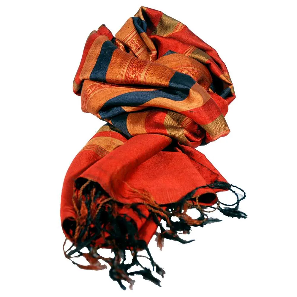 ---Stola in Pura Seta a Righe Rosso, Oro e Blu--