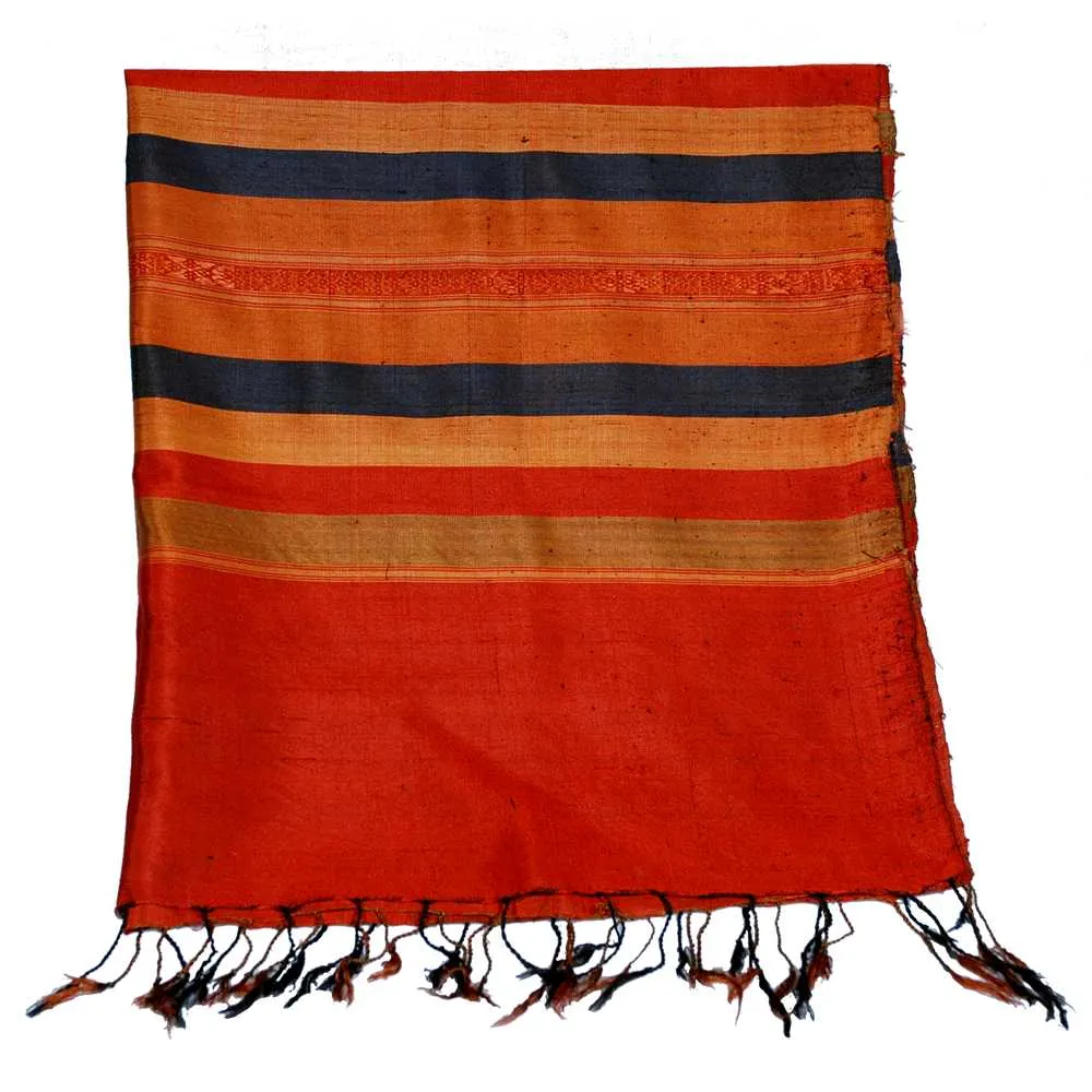 ---Stola in Pura Seta a Righe Rosso, Oro e Blu--