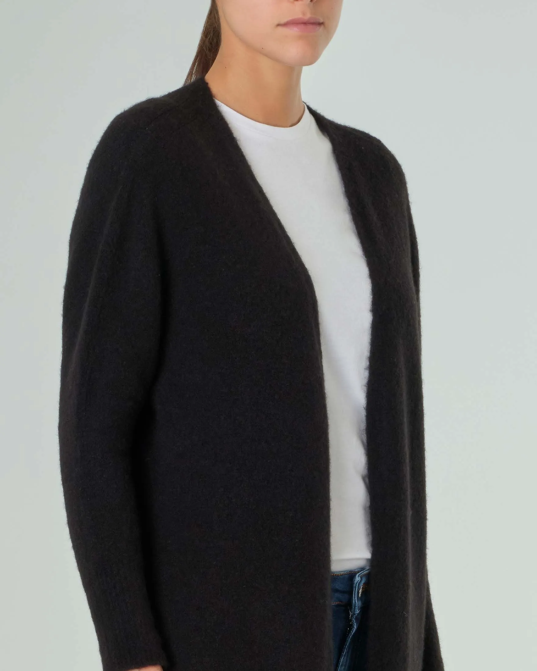 Cardigan lungo nero in misto alpaca senza bottoni di chiusura