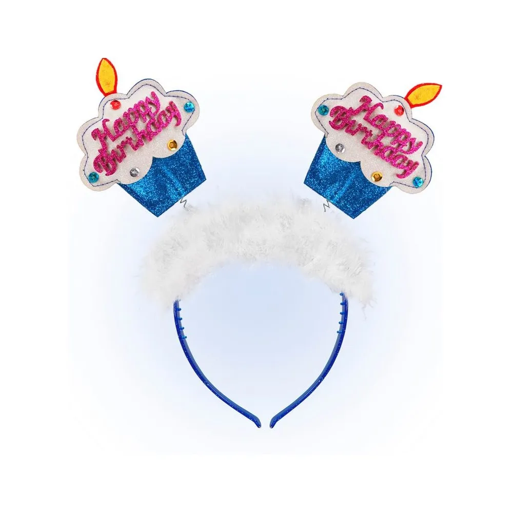 Cerchietto con antenne torta compleanno happy birthday, colore blu
