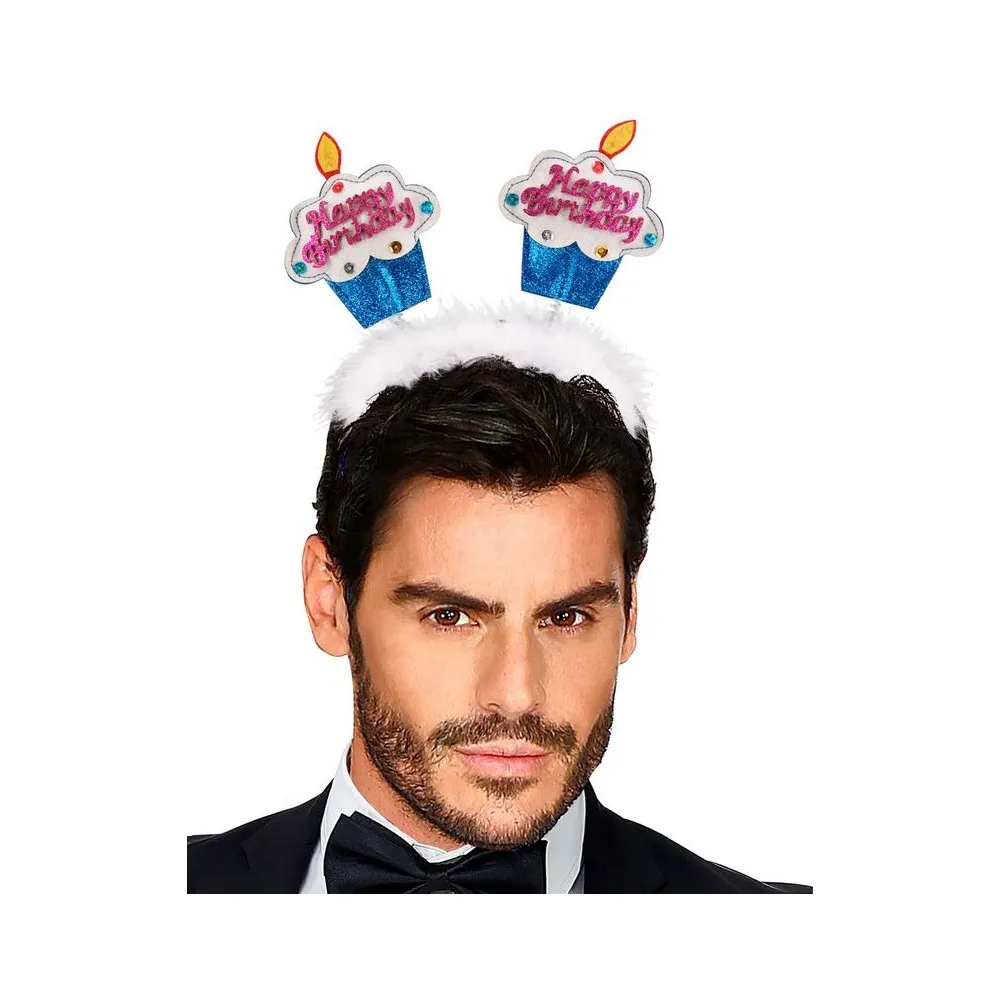 Cerchietto con antenne torta compleanno happy birthday, colore blu
