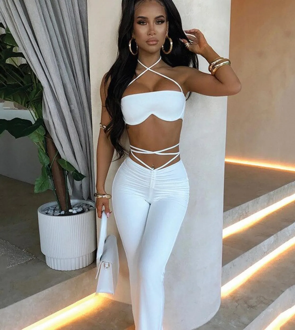 Gacvga Black  Two Piece Set Women Bandage Halter Crop Tops And Flare Pants Suits Tracksuit  Summer Matching Sets Outfits